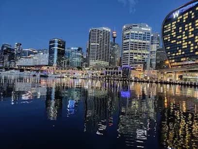 Darling Harbour waterfront and Sydney city buildings for budget accommodation area planning
