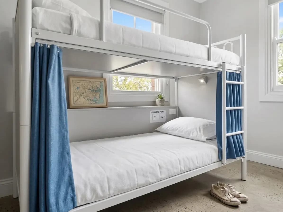 Curtained pod bed showing the difference between a pod hotel and hostel dorm